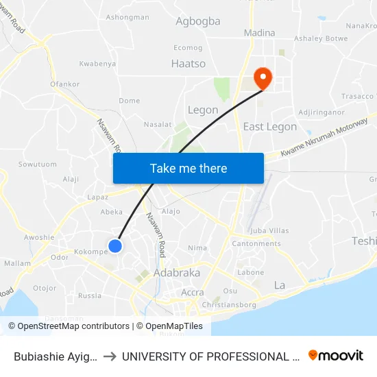 Bubiashie Ayigbe Town to UNIVERSITY OF PROFESSIONAL STUDIES (UPSA) map
