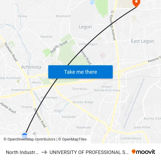 North Industrial Area to UNIVERSITY OF PROFESSIONAL STUDIES (UPSA) map