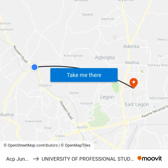 Acp Junction to UNIVERSITY OF PROFESSIONAL STUDIES (UPSA) map
