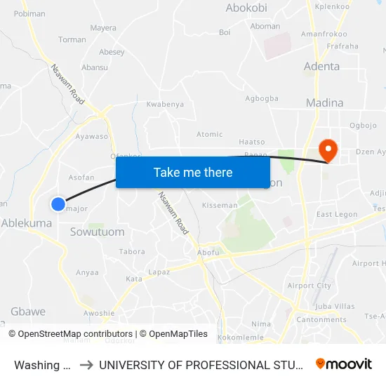 Washing Base to UNIVERSITY OF PROFESSIONAL STUDIES (UPSA) map