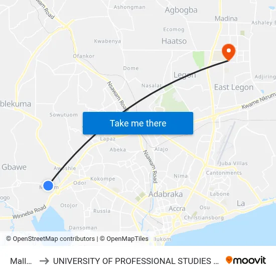 Mallam to UNIVERSITY OF PROFESSIONAL STUDIES (UPSA) map