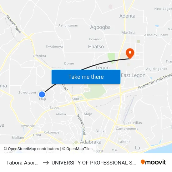 Tabora Asoredanho to UNIVERSITY OF PROFESSIONAL STUDIES (UPSA) map