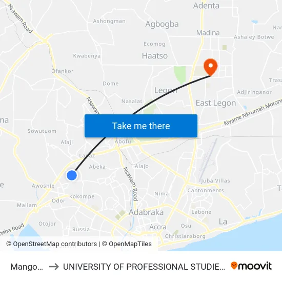 Mangoase to UNIVERSITY OF PROFESSIONAL STUDIES (UPSA) map