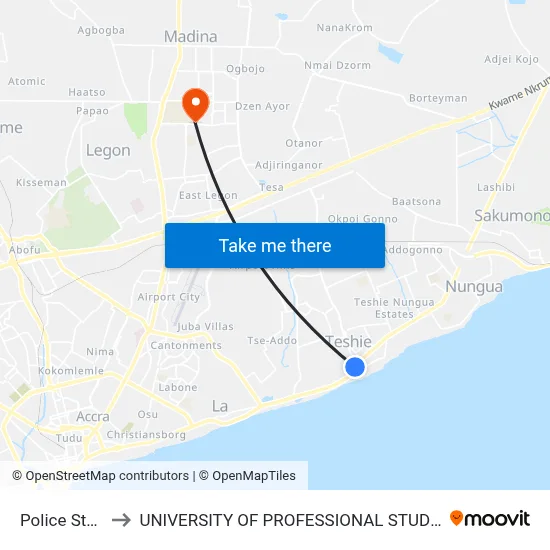 Police Station to UNIVERSITY OF PROFESSIONAL STUDIES (UPSA) map