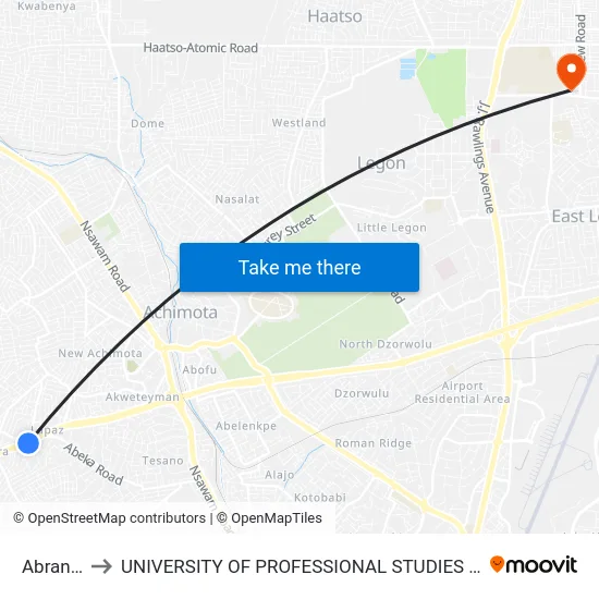 Abrantie to UNIVERSITY OF PROFESSIONAL STUDIES (UPSA) map