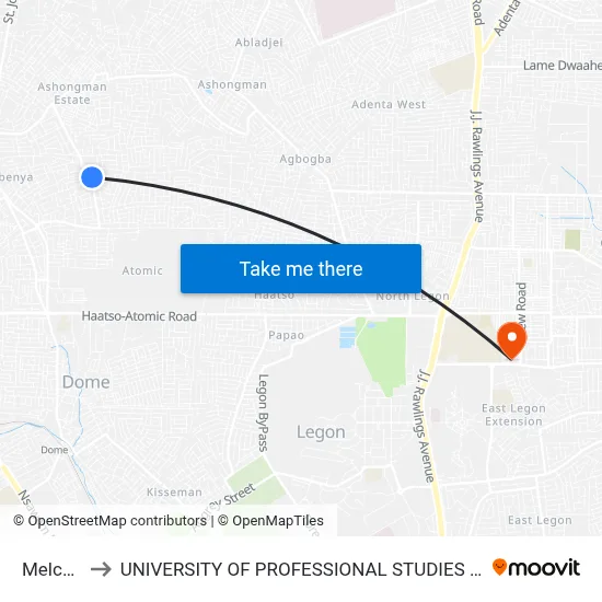 Melcom to UNIVERSITY OF PROFESSIONAL STUDIES (UPSA) map