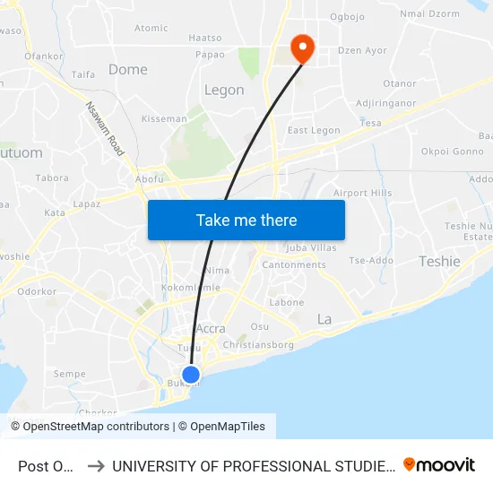 Post Office to UNIVERSITY OF PROFESSIONAL STUDIES (UPSA) map