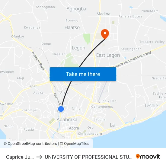 Caprice Juntion to UNIVERSITY OF PROFESSIONAL STUDIES (UPSA) map