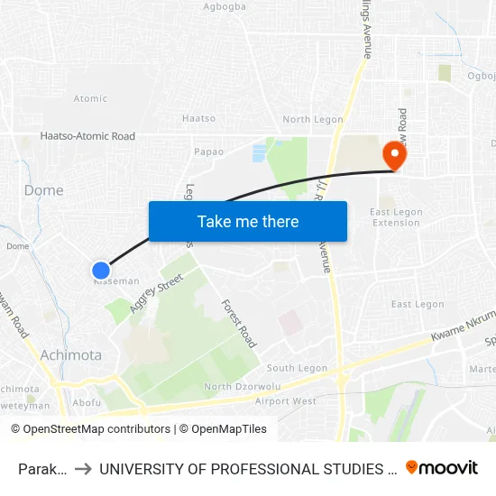 Parakuo to UNIVERSITY OF PROFESSIONAL STUDIES (UPSA) map
