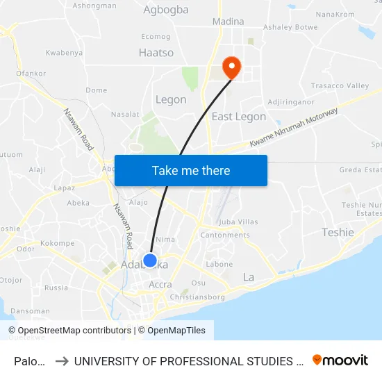 Paloma to UNIVERSITY OF PROFESSIONAL STUDIES (UPSA) map