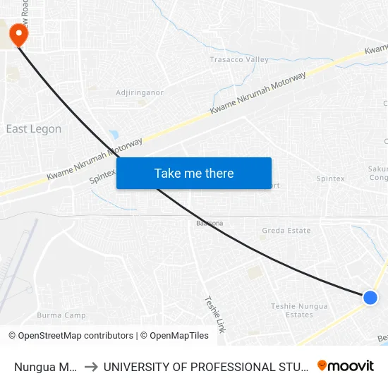Nungua Market to UNIVERSITY OF PROFESSIONAL STUDIES (UPSA) map