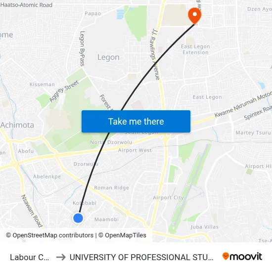 Labour Centre to UNIVERSITY OF PROFESSIONAL STUDIES (UPSA) map