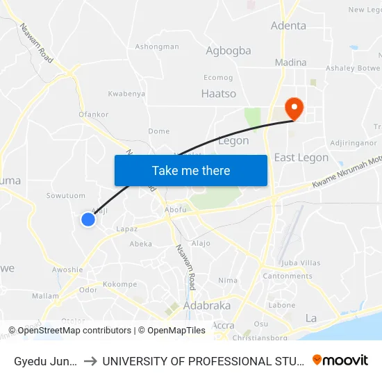 Gyedu Junction to UNIVERSITY OF PROFESSIONAL STUDIES (UPSA) map