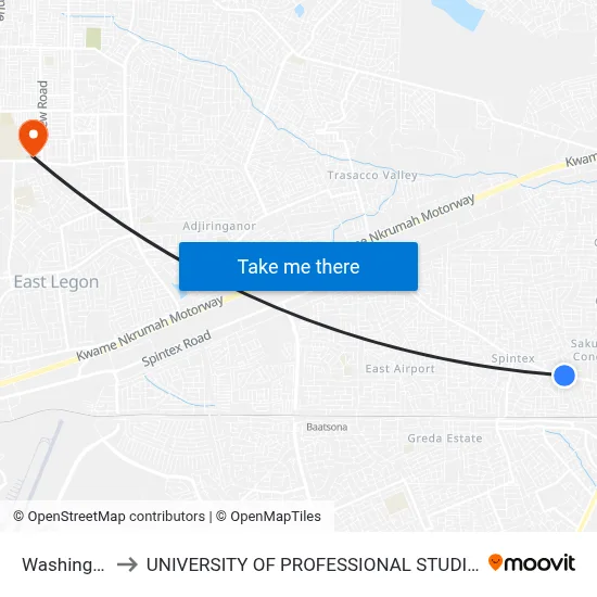 Washing Bay to UNIVERSITY OF PROFESSIONAL STUDIES (UPSA) map