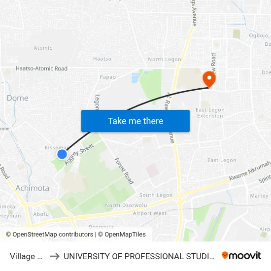 Village First to UNIVERSITY OF PROFESSIONAL STUDIES (UPSA) map