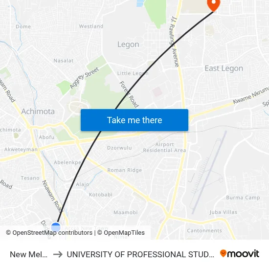 New Melcom to UNIVERSITY OF PROFESSIONAL STUDIES (UPSA) map