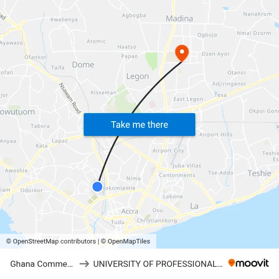 Ghana Commercial Bank to UNIVERSITY OF PROFESSIONAL STUDIES (UPSA) map