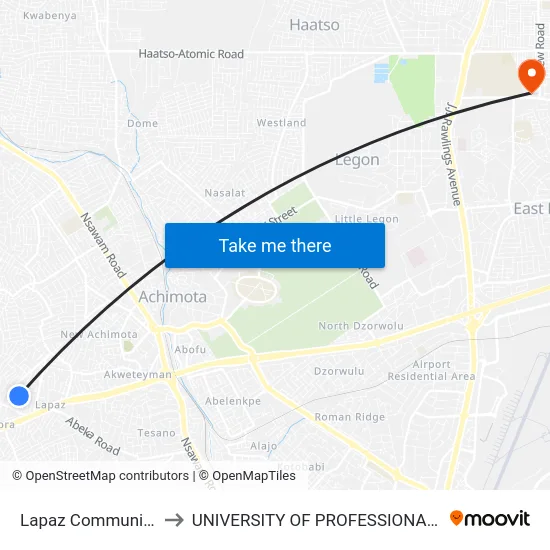 Lapaz Community Hospital to UNIVERSITY OF PROFESSIONAL STUDIES (UPSA) map