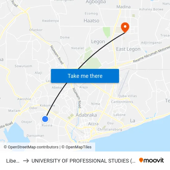 Liberty to UNIVERSITY OF PROFESSIONAL STUDIES (UPSA) map