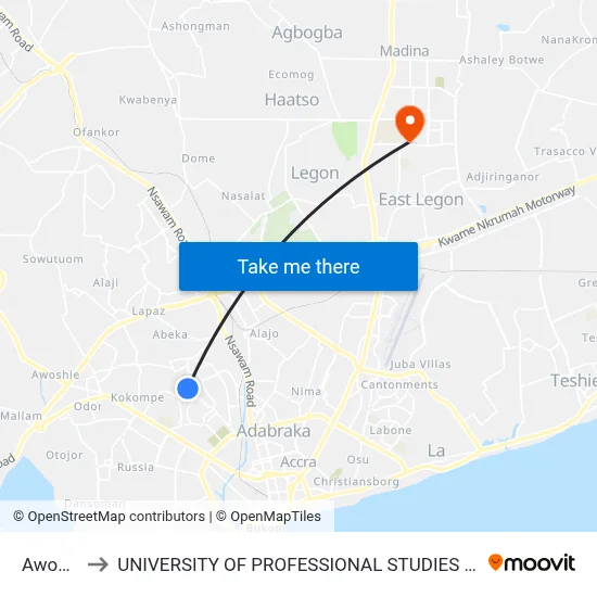 Awonye to UNIVERSITY OF PROFESSIONAL STUDIES (UPSA) map