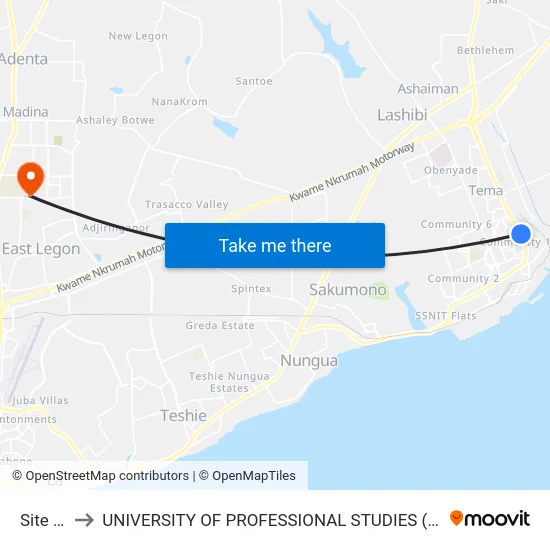 Site 20 to UNIVERSITY OF PROFESSIONAL STUDIES (UPSA) map