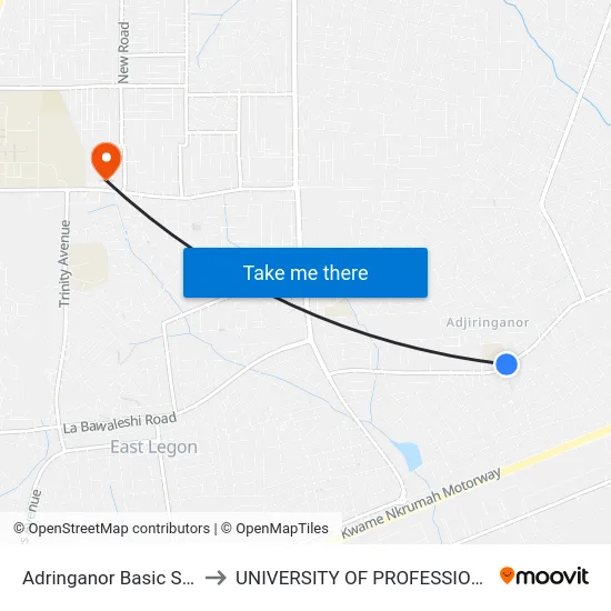 Adringanor Basic School Junction to UNIVERSITY OF PROFESSIONAL STUDIES (UPSA) map