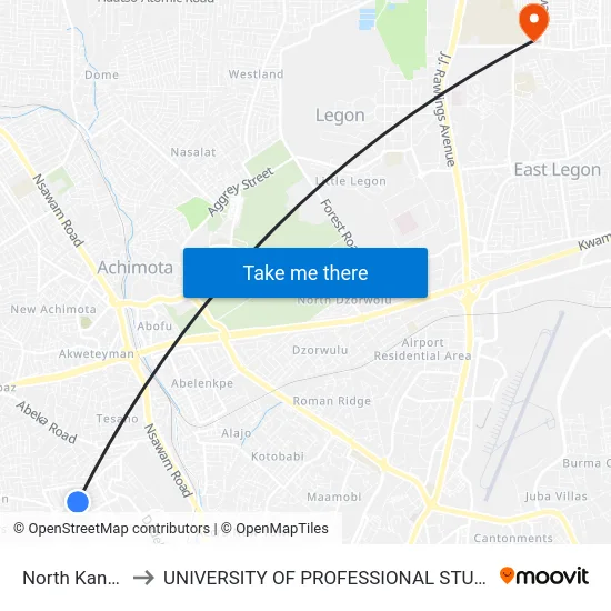 North Kaneshie to UNIVERSITY OF PROFESSIONAL STUDIES (UPSA) map