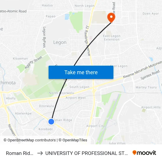 Roman Ridge 1st to UNIVERSITY OF PROFESSIONAL STUDIES (UPSA) map
