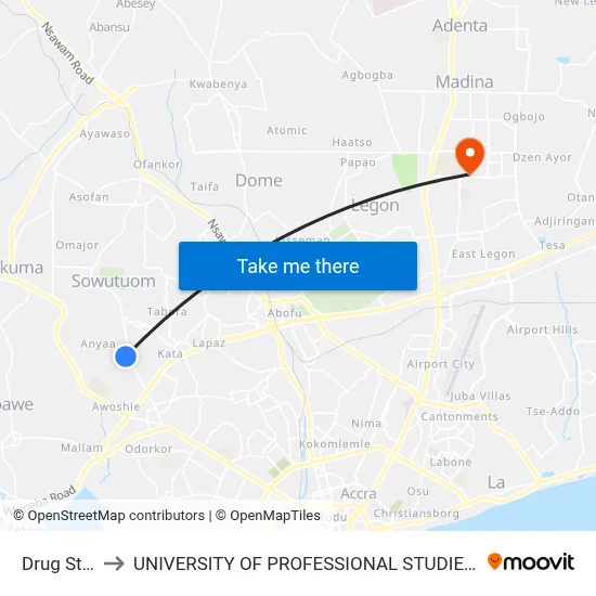 Drug Store to UNIVERSITY OF PROFESSIONAL STUDIES (UPSA) map