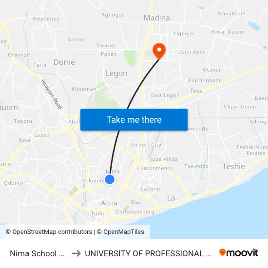 Nima School Junction to UNIVERSITY OF PROFESSIONAL STUDIES (UPSA) map