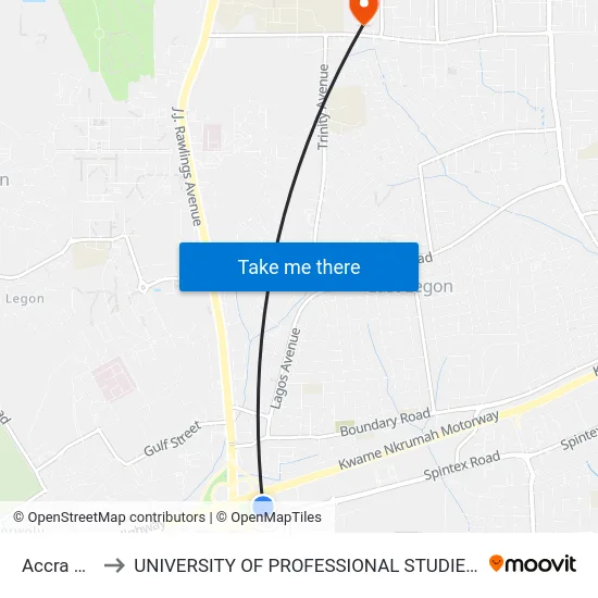 Accra Mall to UNIVERSITY OF PROFESSIONAL STUDIES (UPSA) map
