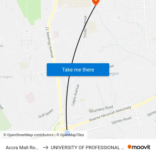 Accra Mall Roundabout to UNIVERSITY OF PROFESSIONAL STUDIES (UPSA) map