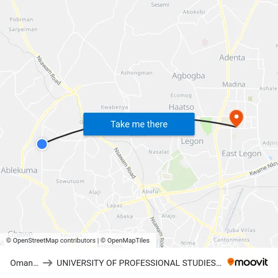 Omanjor to UNIVERSITY OF PROFESSIONAL STUDIES (UPSA) map