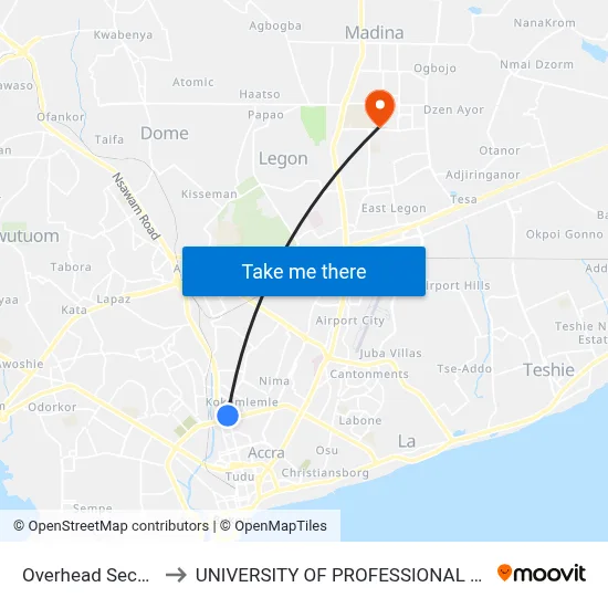 Overhead Second Stop to UNIVERSITY OF PROFESSIONAL STUDIES (UPSA) map