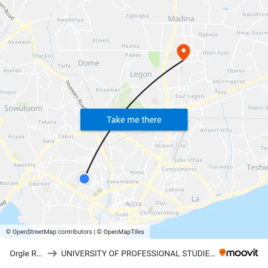 Orgle Road to UNIVERSITY OF PROFESSIONAL STUDIES (UPSA) map