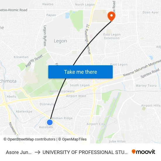 Asore Junction to UNIVERSITY OF PROFESSIONAL STUDIES (UPSA) map