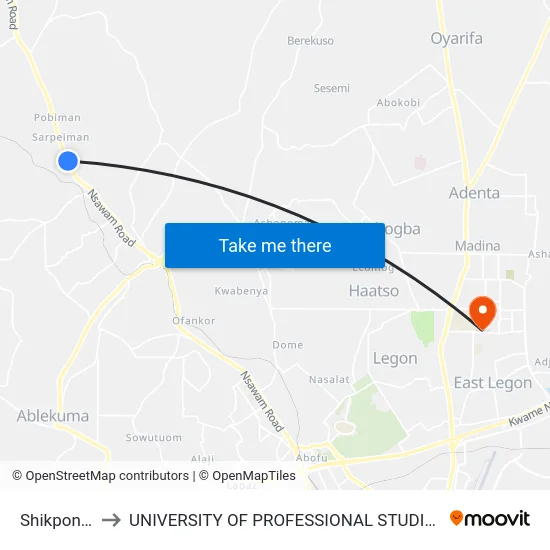 Shikpontele to UNIVERSITY OF PROFESSIONAL STUDIES (UPSA) map