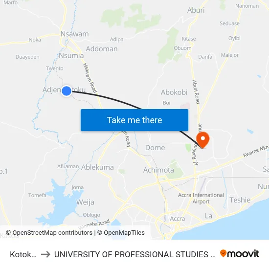 Kotokou to UNIVERSITY OF PROFESSIONAL STUDIES (UPSA) map