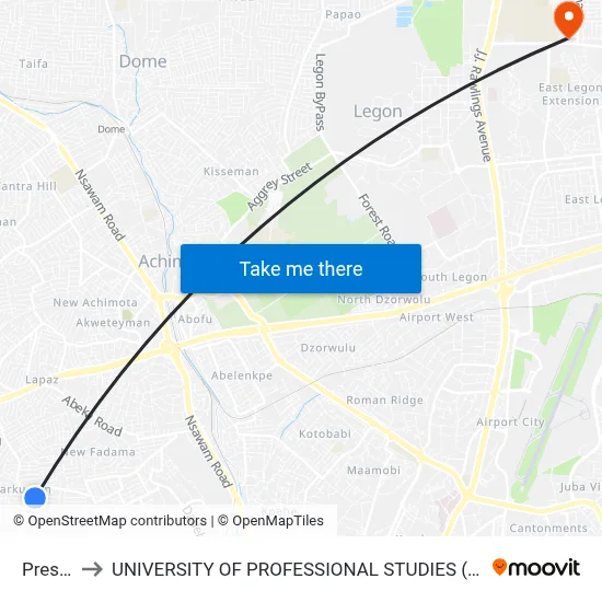 Presby to UNIVERSITY OF PROFESSIONAL STUDIES (UPSA) map
