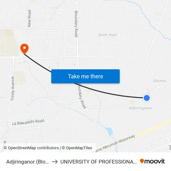 Adjiringanor (Block Factory) to UNIVERSITY OF PROFESSIONAL STUDIES (UPSA) map