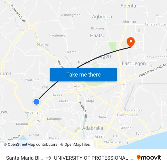 Santa Maria Blue Kiosk to UNIVERSITY OF PROFESSIONAL STUDIES (UPSA) map