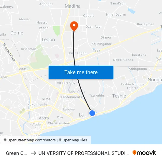 Green Court to UNIVERSITY OF PROFESSIONAL STUDIES (UPSA) map