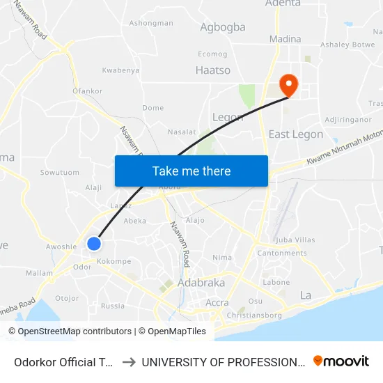 Odorkor Official Town Junction to UNIVERSITY OF PROFESSIONAL STUDIES (UPSA) map