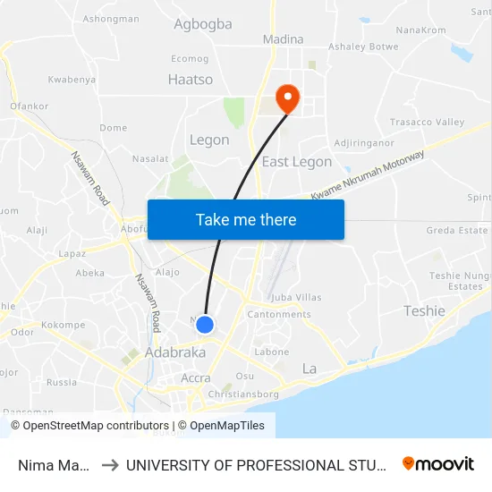 Nima Mamobi to UNIVERSITY OF PROFESSIONAL STUDIES (UPSA) map