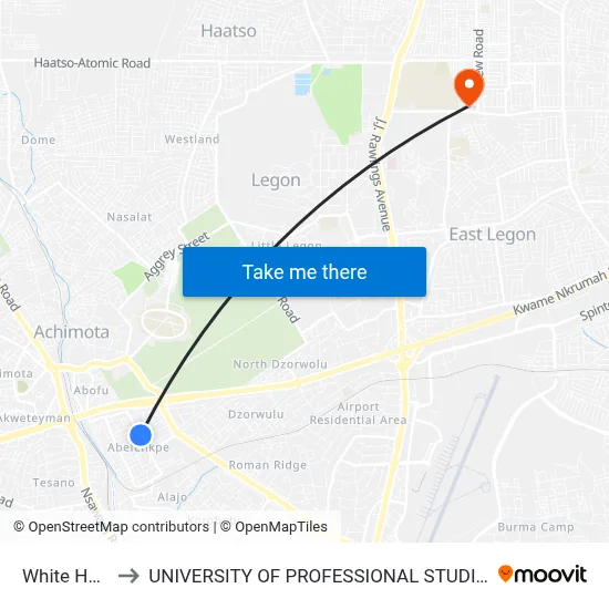 White House to UNIVERSITY OF PROFESSIONAL STUDIES (UPSA) map