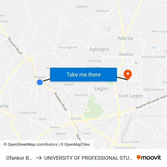 Ofankor Barrier to UNIVERSITY OF PROFESSIONAL STUDIES (UPSA) map