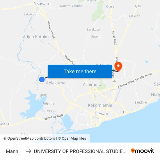 Manhean to UNIVERSITY OF PROFESSIONAL STUDIES (UPSA) map
