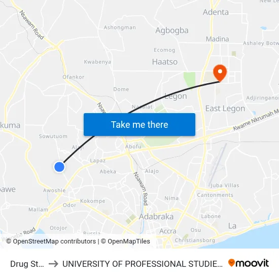 Drug Store to UNIVERSITY OF PROFESSIONAL STUDIES (UPSA) map