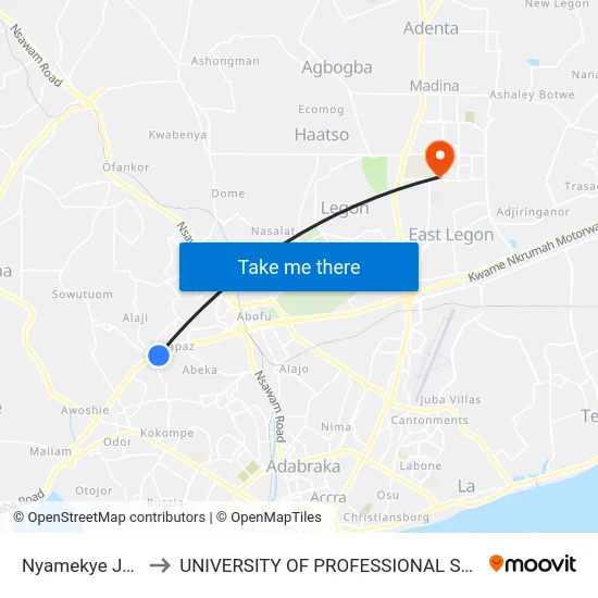 Nyamekye Junction to UNIVERSITY OF PROFESSIONAL STUDIES (UPSA) map