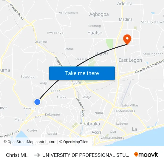 Christ Mission to UNIVERSITY OF PROFESSIONAL STUDIES (UPSA) map